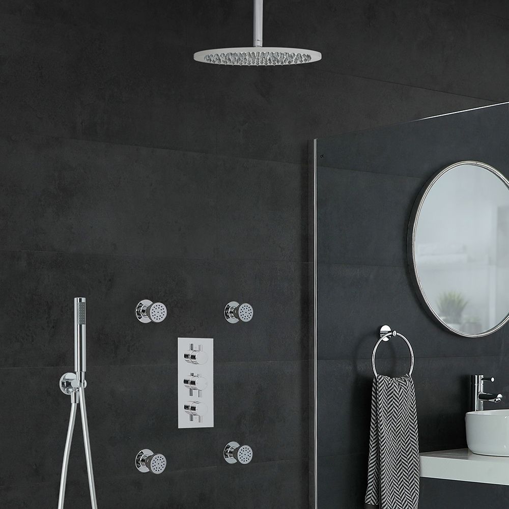 Duschsystem mit Thermostat und Umsteller – mit 300mm rundem Duschkopf, Handbrauseset und Körperdüsen - Chrom – Como