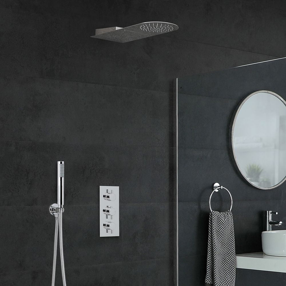 Rundes Dusch-Thermostat mit Umleiter, Wasserfall-Duschkopf und Handbrauseset, Chrom - Como
