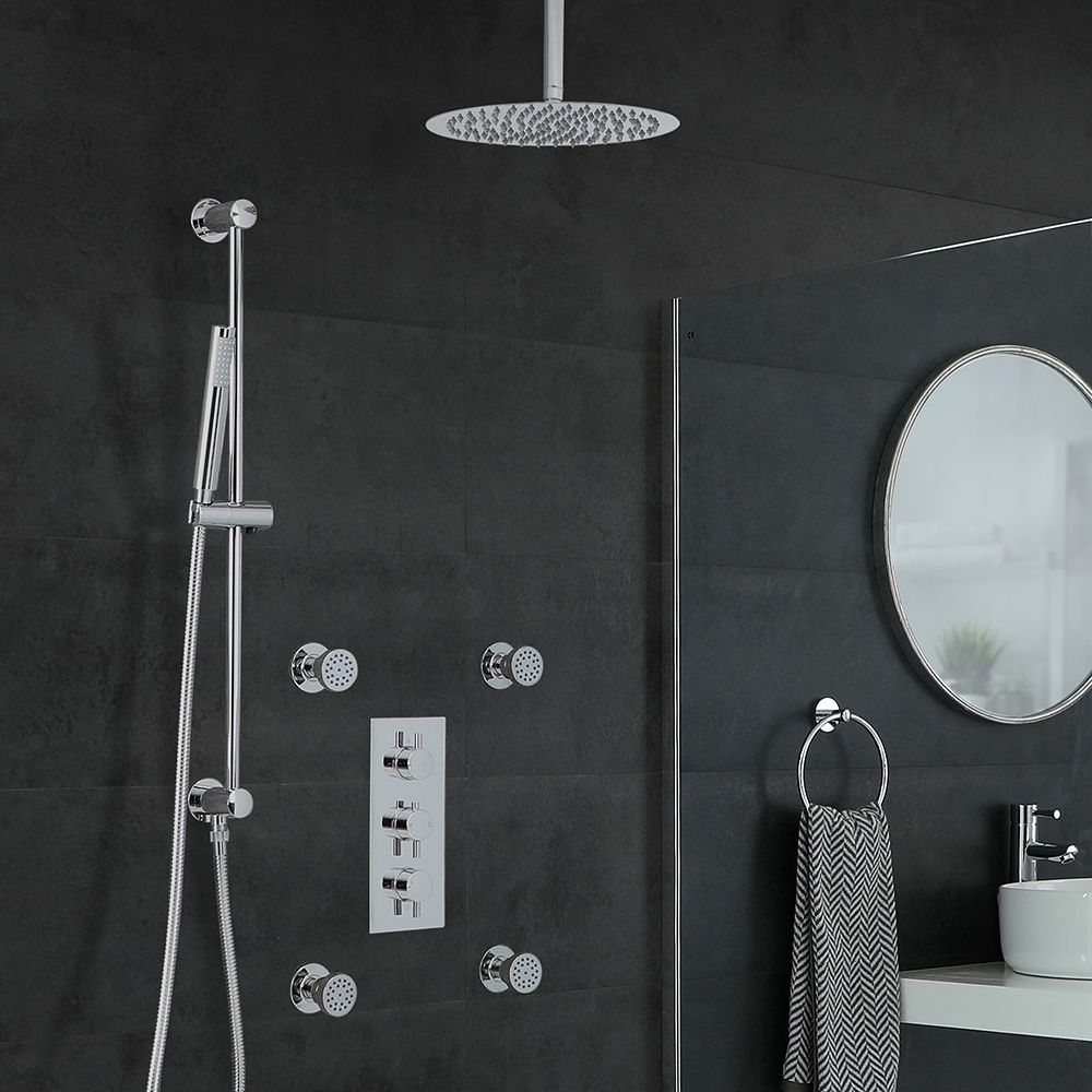 Rundes Dusch-Thermostat mit Umleiter, 300mm Decken-Duschkopf, Massagedüsen und Brausestangenset, Chrom - Como