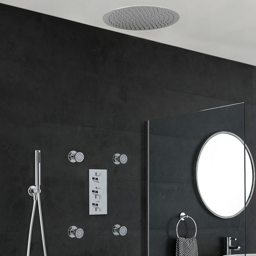 Rundes Dusch-Thermostat mit Umleiter, 400mm Decken-Duschkopf, Massagedüsen und Handbrause, Chrom - Como