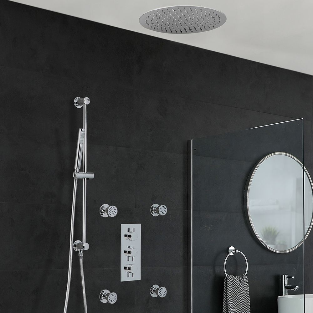 Rundes Dusch-Thermostat mit Umleiter, 400mm Decken-Duschkopf, Massagedüsen und Brausestangenset, Chrom - Como