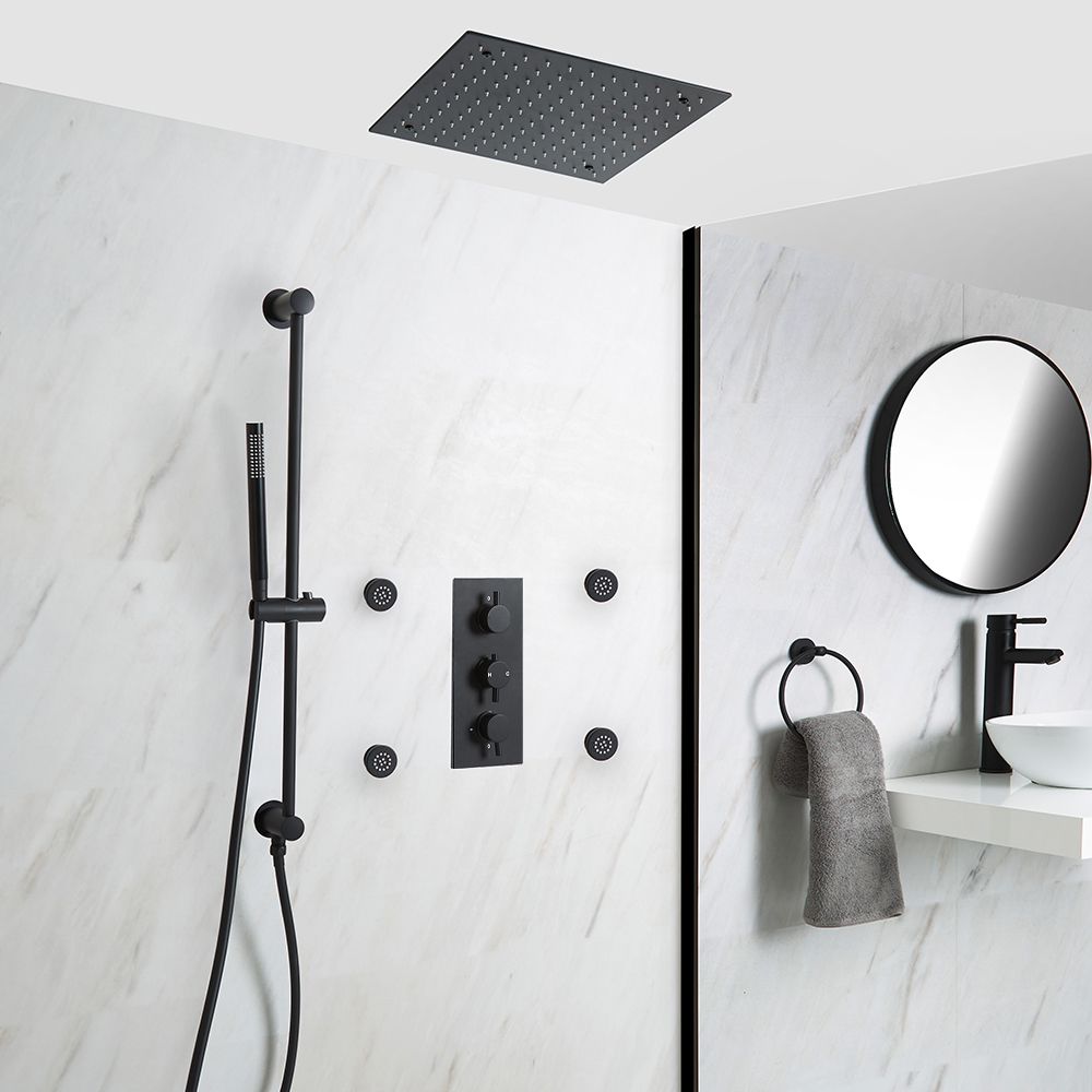Unterputz Duschsystem mit Thermostat - 400mm x 400mm Unterputz-Duschkopf, Körperdüsen und Brausestangenset - Schwarz - Nox
