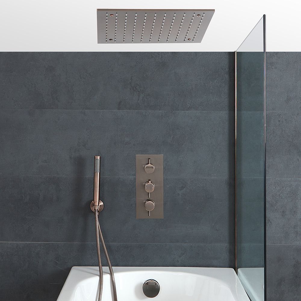 Thermostatische Dusche mit Umsteller inkl. Unterputz-Duschkopf, Handbrause und Überlauf-Wannenfüller inkl. Ablauf, gebürstete Bronze - Amara