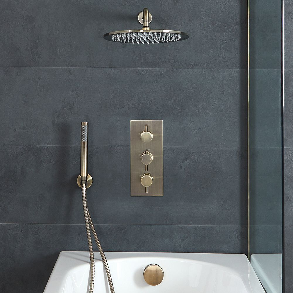 Duschsystem mit Unterputz-Thermostat und Umsteller – inkl. Wand-Duschkopf, Handbrause und Überlauf-Wannenfüller mit Ablauf – Gebürstetes Messing – Clarus