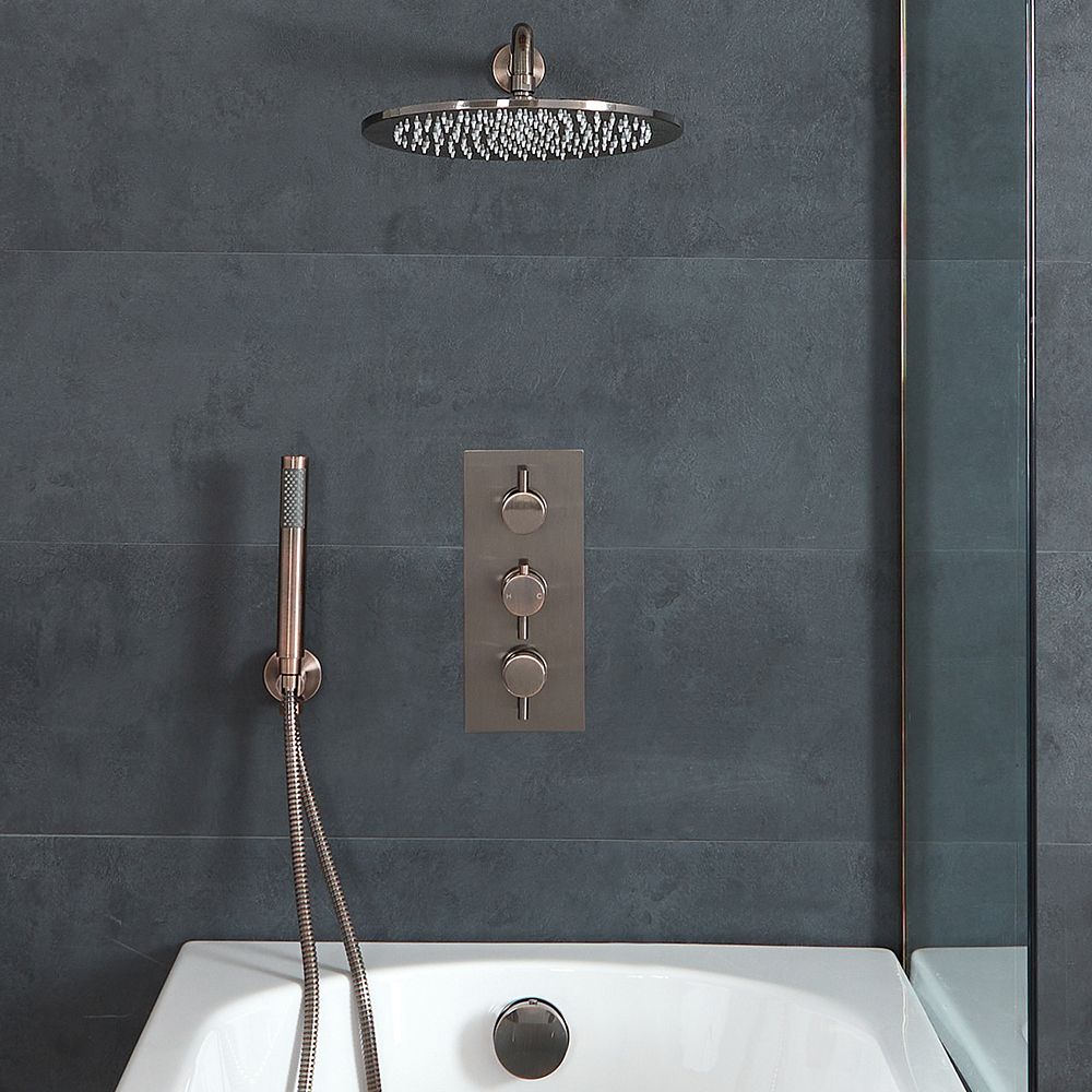 Thermostatische Dusche mit Umsteller inkl. Duschkopf, Handbrause und Überlauf-Wannenfüller inkl. Ablauf, gebürstete Bronze - Amara