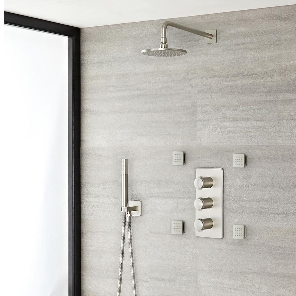 Unterputz-Duschsystem mit Thermostat – mit rundem 188mm Wand-Duschkopf, Handbrauseset und Körperdüsen - gebürstetes Nickel - Aldwick