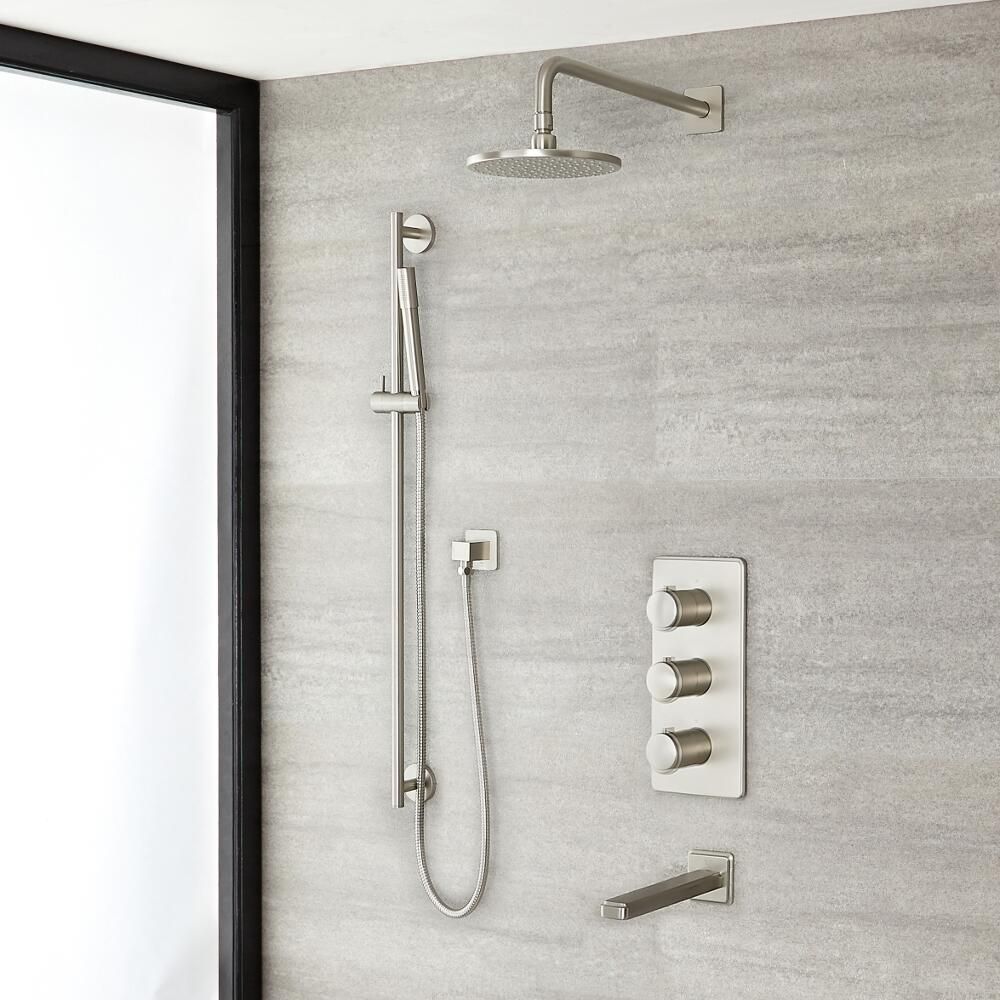 Unterputz-Duschsystem mit Thermostat – mit rundem 188mm Wand-Duschkopf, Brausestangenset und Wanneneinlauf - gebürstetes Nickel - Aldwick