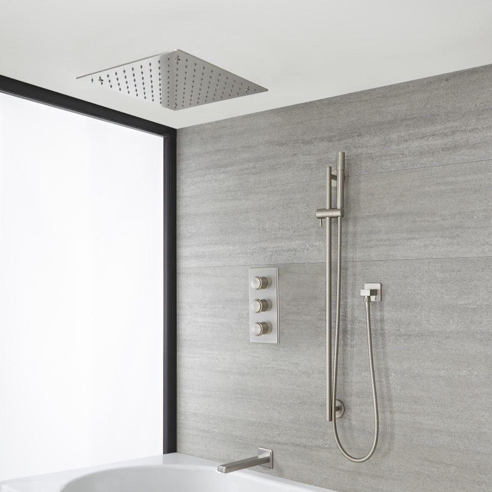 Thermostat mit Umsteller, Deckeneinbau-Duschkopf, Brausestangenset und Wannenfüller, Gebürsteter Nickel (3 Auslässe) - Aldwick