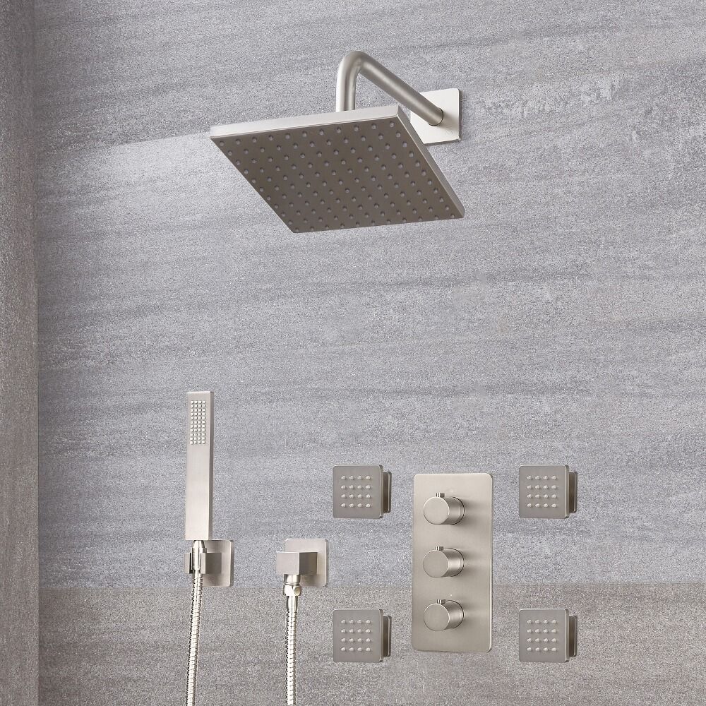 Harting Thermostatarmatur, 200mm quadratischer Kopf, Handbrause und Körperdüsen - Gebürstetes Nickel