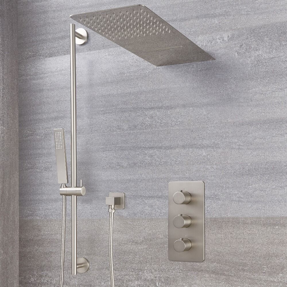 Harting Thermostatarmatur, Wasserfall-Regen-Duschkopf und Duschstangenset - Gebürstetes Nickel