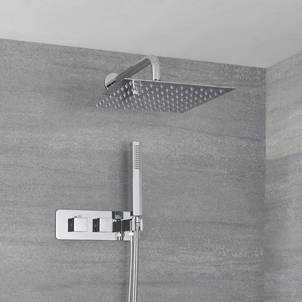 Unterputz-Thermostat für 2 Verbraucher inkl. Handbrause und 300mm Duschkopf zur Wandmontage - Chrom - Kubix