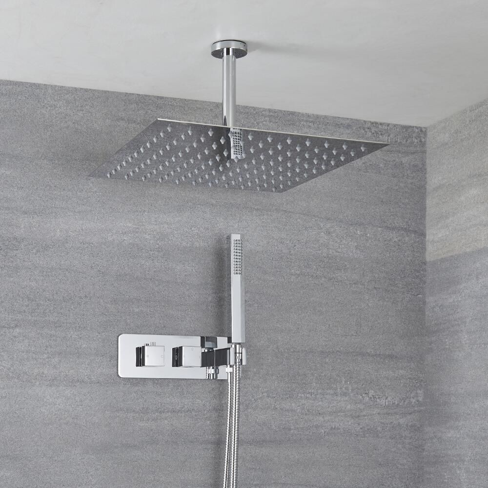 Unterputz-Thermostat für 2 Verbraucher inkl. Handbrause und 400mm Duschkopf zur Deckenmontage - Chrom - Kubix