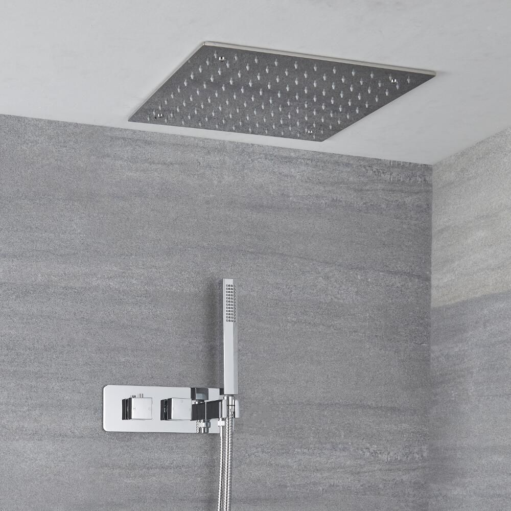 Unterputz-Duschsystem mit Thermostat – mit 400mm x 400mm Duschkopf und Handbrauseset - Chrom - Kubix