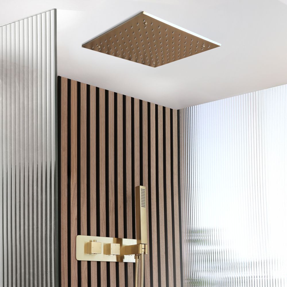 Unterputz-Thermostat für zwei Verbraucher mit Umsteller, 400mm Unterputzduschkopf & Handbrause | satiniertes Gold – Lyra