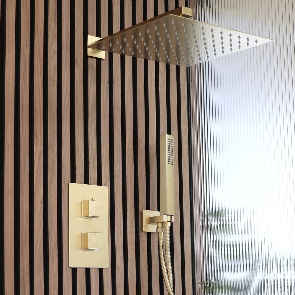 Unterputz-Thermostat für zwei Verbraucher mit Umsteller, 300mm Duschkopf & Handbrause mit Halterung| satiniertes Gold – Lyra