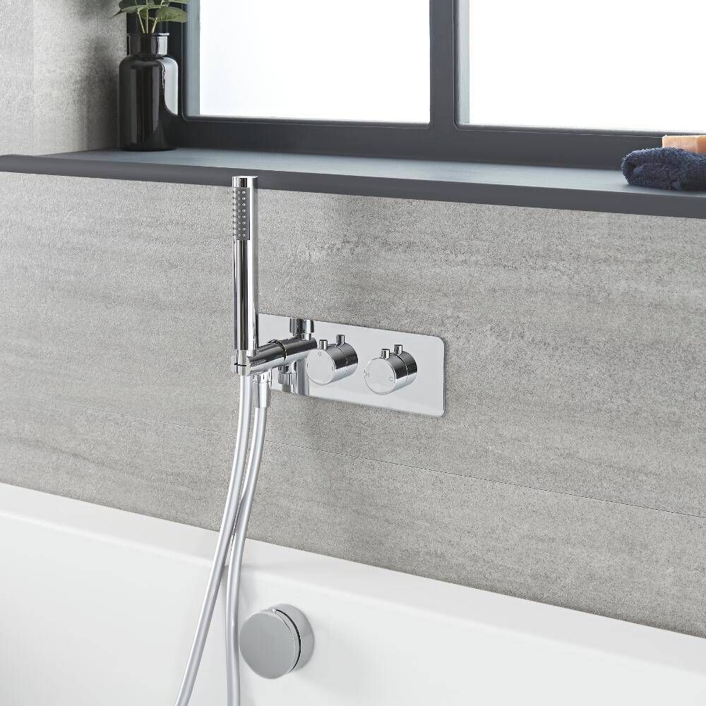 2-Wege Thermostat-Armatur mit Umsteller, Wannenfüll-Überlaufgarnitur und Handbrause, Chrom – Como