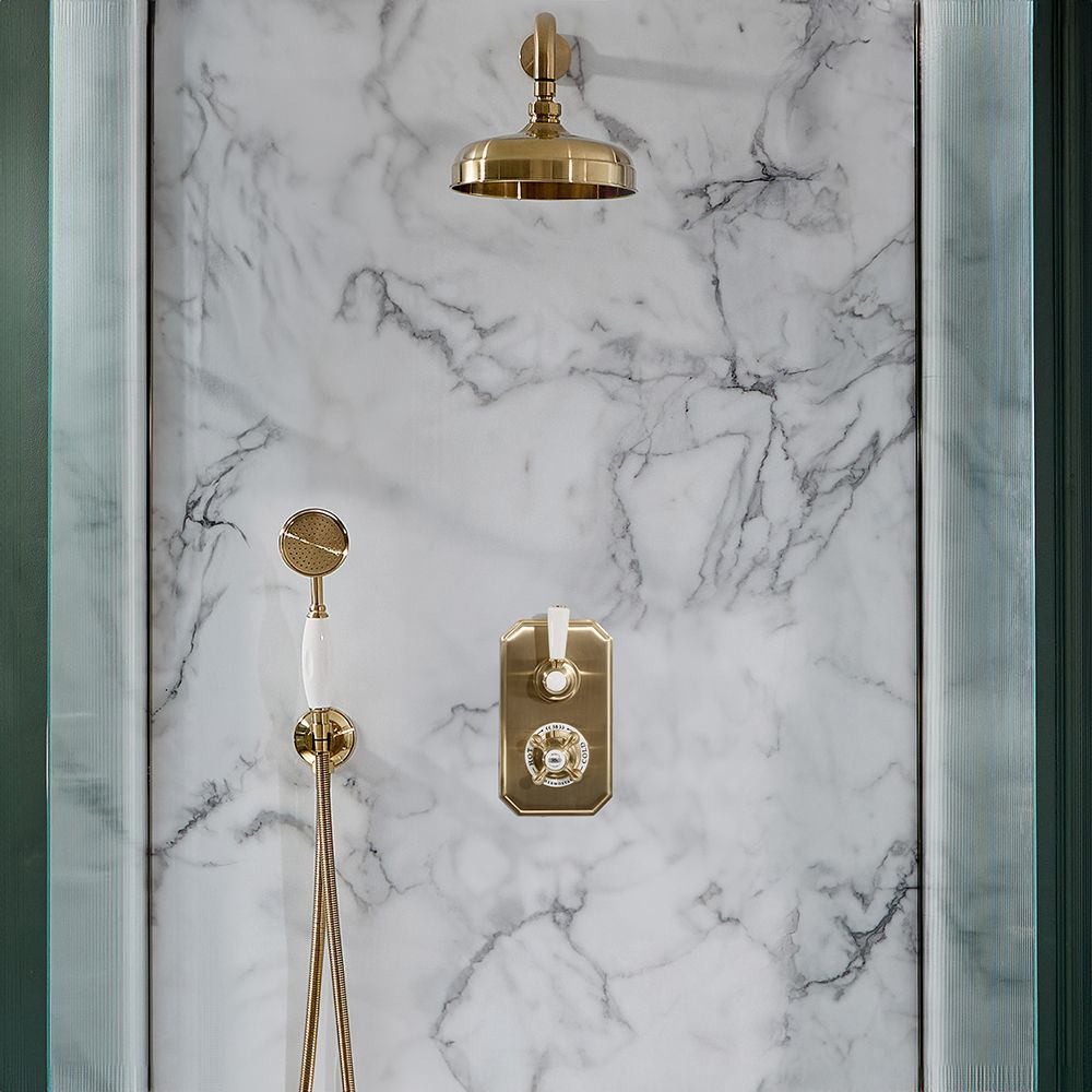 Retro-Duschsystem mit Unterputz-Thermostat – inkl. 205mm rundem Wand-Duschkopf und Handbrauseset - satiniertes Gold – Elizabeth