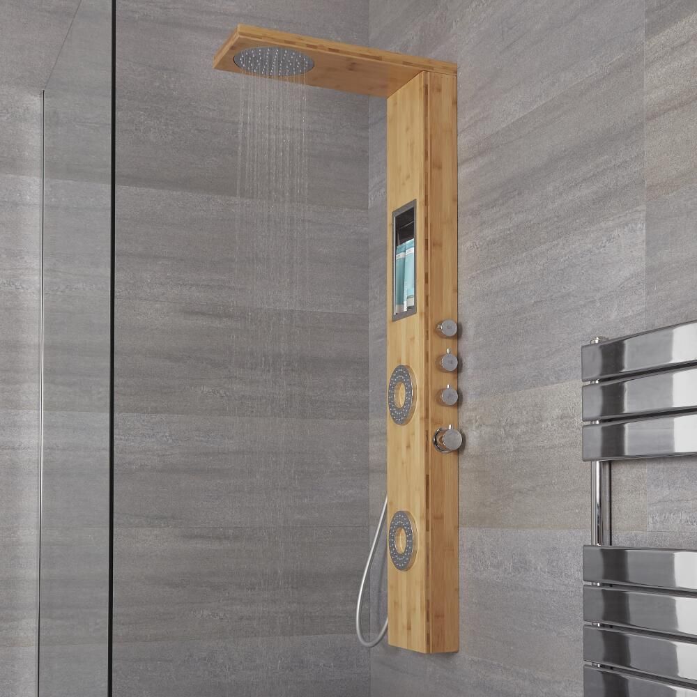 Duschpaneel mit Regal und Thermostat - mit Regenduschkopf, Handbrauseset und Körperdüsen - Bambus - Lako