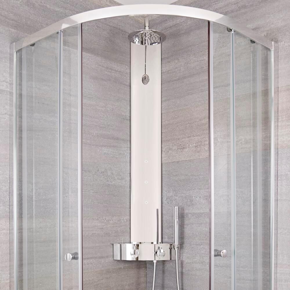 Duschpaneel mit Regal und Thermostat, Eckmontage - mit rundem Duschkopf, Handbrauseset und Körperdüsen - Earby