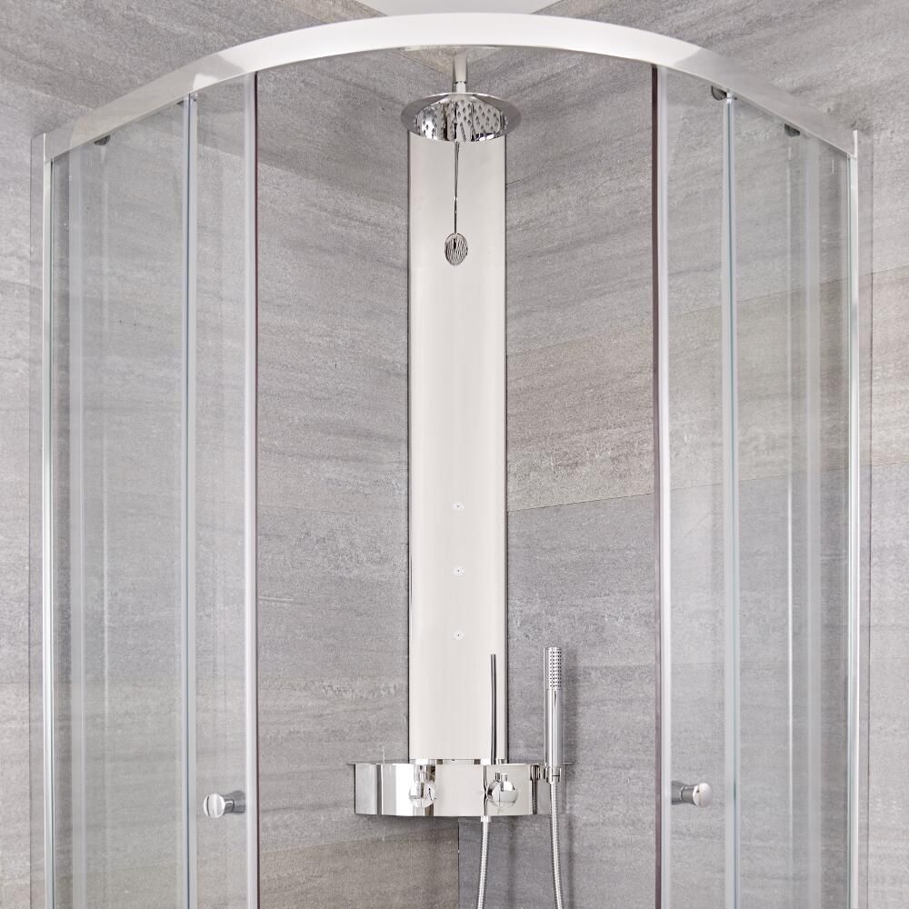 Duschpaneel mit Regal und Thermostat, Eckmontage - mit rundem Duschkopf, Handbrauseset und Körperdüsen - Earby
