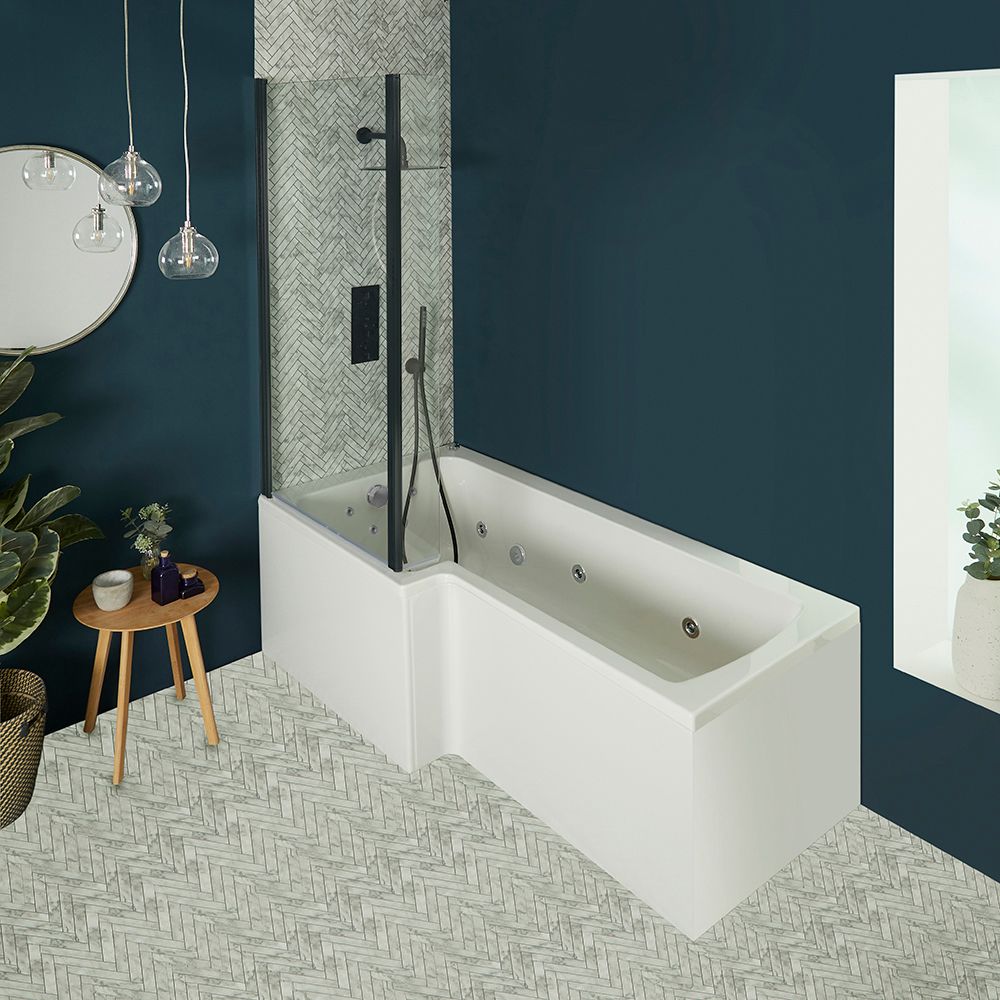 Whirlpool-Badewanne mit Aufsatz in Schwarz - Größe, Schürze und Massagedüsen wählbar – Sandford