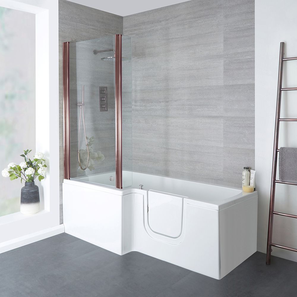 Begehbare Badewanne mit Duschzone, eckig, 1700mm x 850mm – Aufsatz und Position der Tür wählbar – Merso