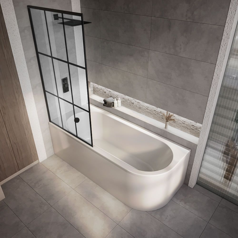 Eckbadewanne inkl. Badewannenaufsatz mit schwarzem Gittermuster 1700mm x 725mm – Links- oder Rechtsbündig – Otterton