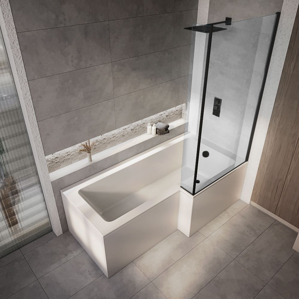 Duschbadewanne inkl. Badewannenaufsatz in Schwarz Rechts- oder Linksbündig – Größe, Seiten- & Endverkleidung wählbar – Sandford