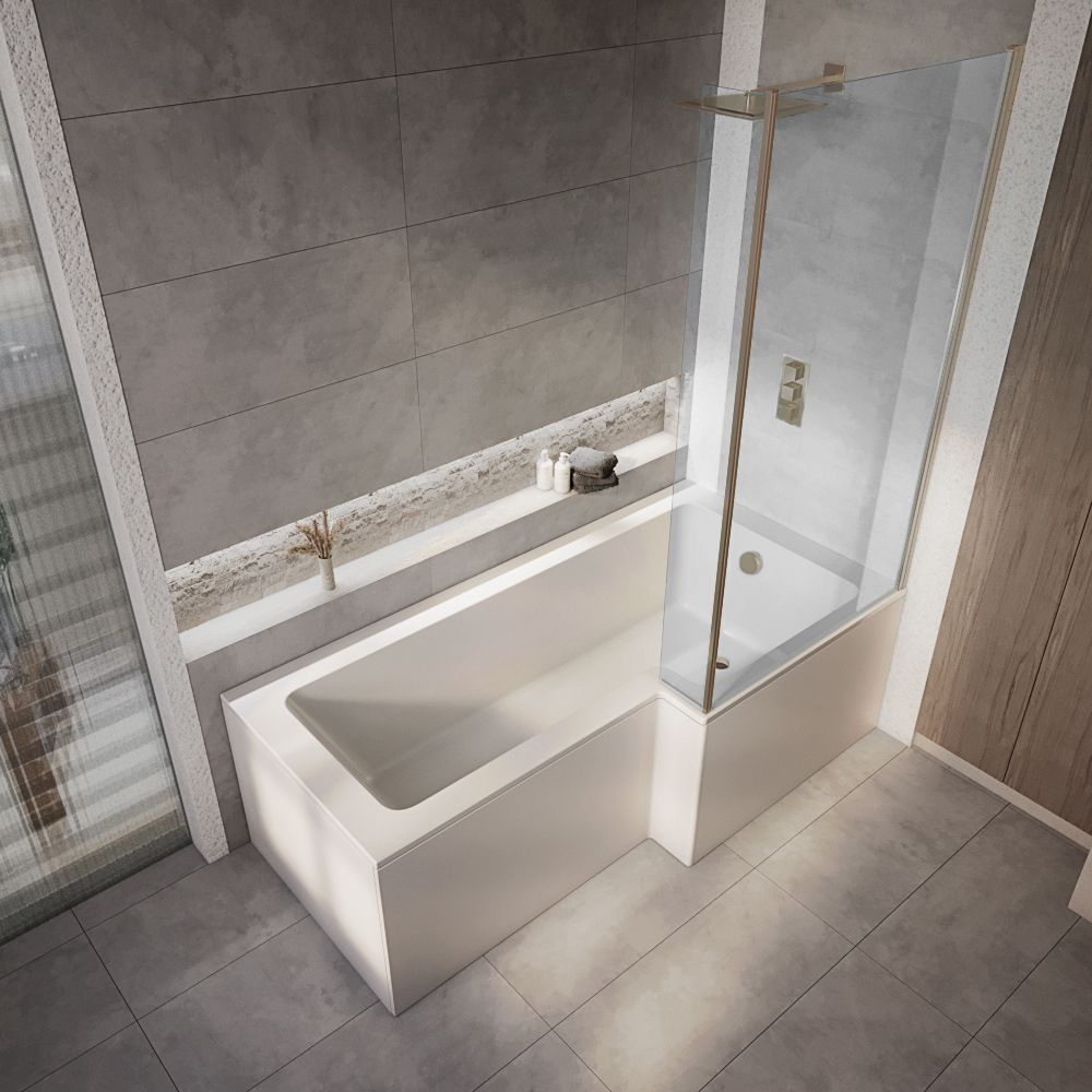 Duschbadewanne inkl. Badewannenaufsatz in gebürstetem Kupfer  Rechts- oder Linksbündig – Größe, Seiten- & Endverkleidung wählbar – Sandford