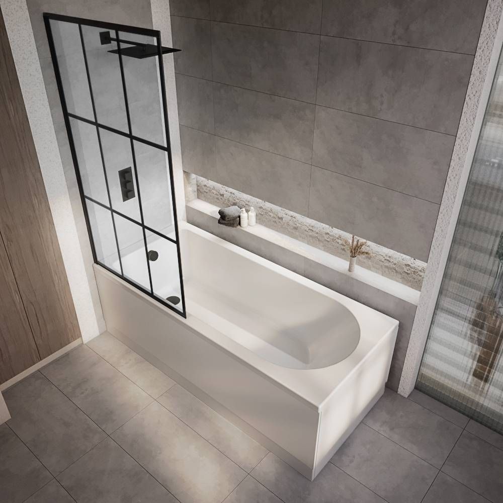Duschbadewanne inkl. Badewannenaufsatz mit schwarzem Gittermuster – Größe, Seiten- & Endverkleidung wählbar – Covelly