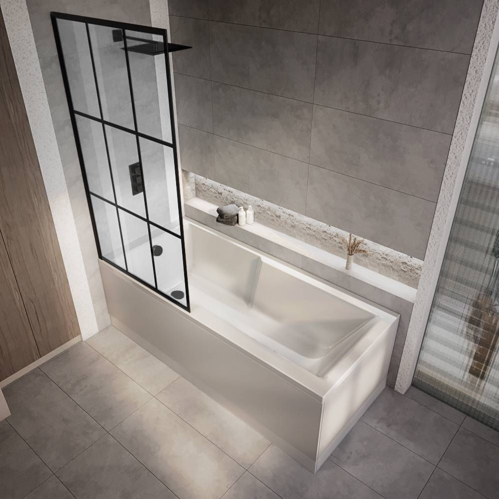 Rechteck-Badewanne mit Duschzone inkl. Badewannenaufsatz mit schwarzem Gittermuster 1700mm x 750mm, Seiten- & Endverkleidung wählbar – Sandford