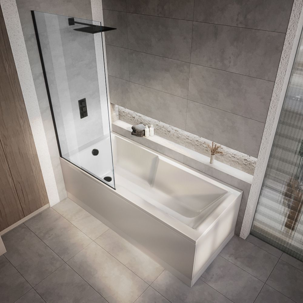 Rechteck-Badewanne mit Duschzone inkl. Badewannenaufsatz in Schwarz 1700mm x 750mm, Seiten- & Endverkleidung wählbar – Sandford