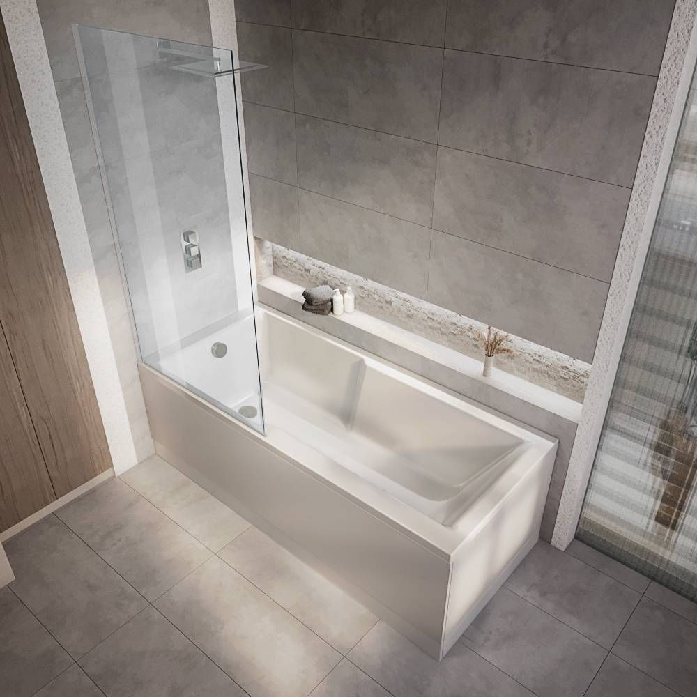 Rechteck-Badewanne mit Duschzone inkl. Badewannenaufsatz in Chrom 1700mm x 750mm, Seiten- & Endverkleidung wählbar – Sandford