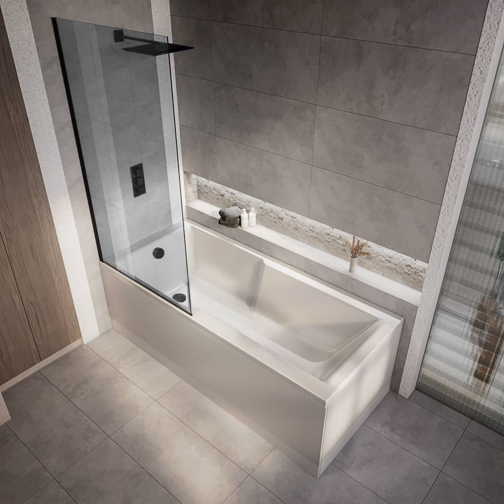 Rechteck-Badewanne mit Duschzone inkl. Badewannenaufsatz mit getöntem Glas 1700mm x 750mm, Seiten- & Endverkleidung wählbar – Sandford