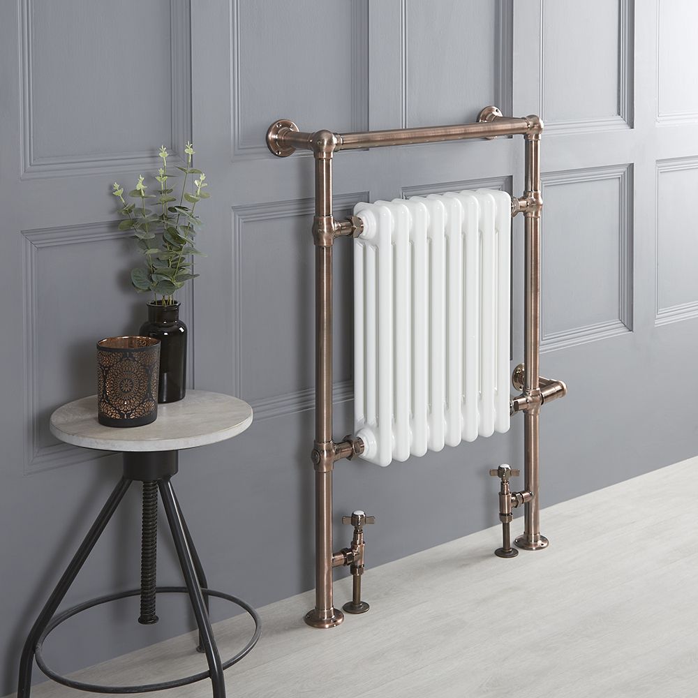 Retro-Badheizkörper, Mischbetrieb - 930mm x 620mm, WLAN-Thermostat und Kabelabdeckung wählbar – gebürstete Bronze/Weiß – Elizabeth