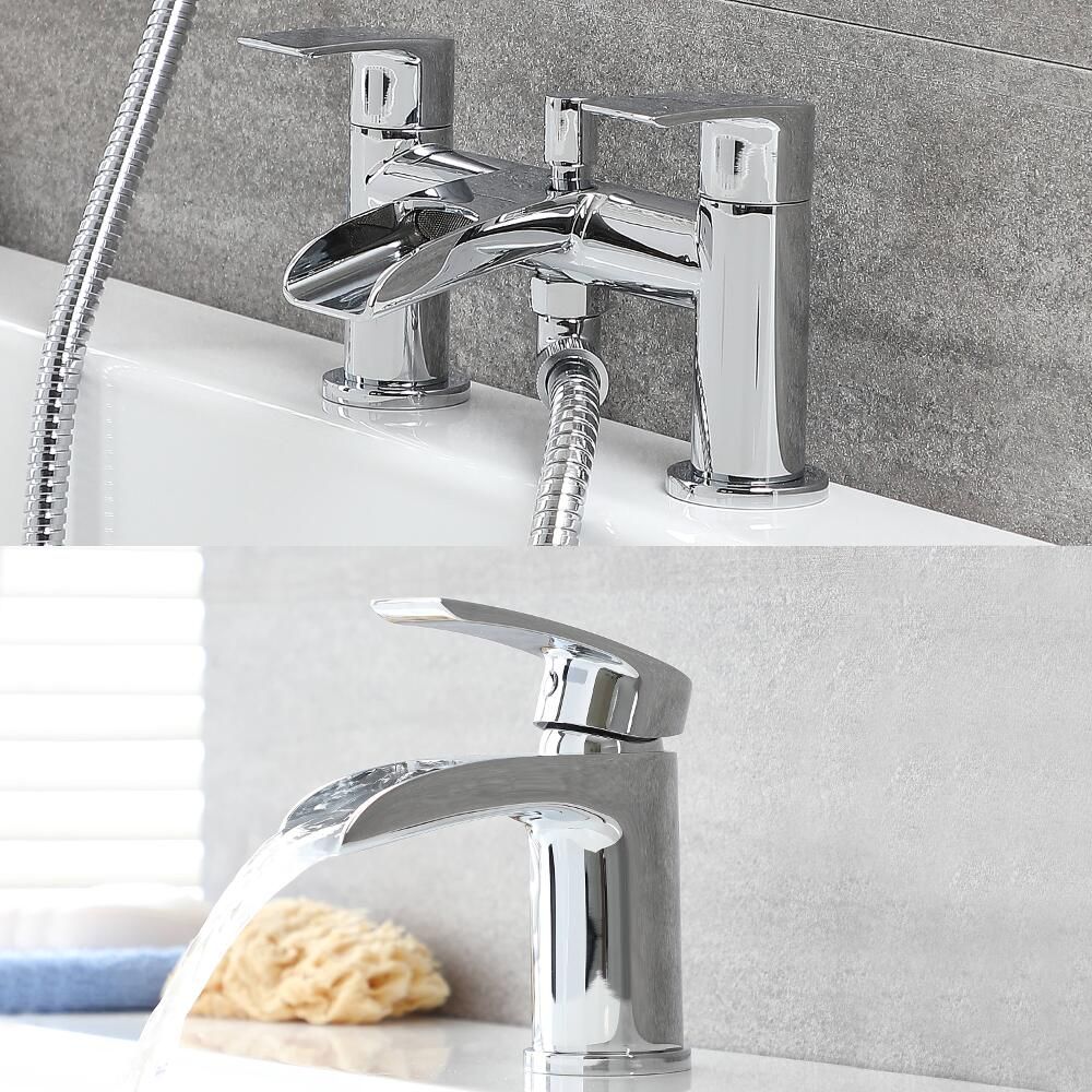 1-Loch-Einhebelmischer und 2-Loch-Wannenrandarmatur, mit Wasserfallausguss - inkl. Handbrausenset - Chrom - Razor