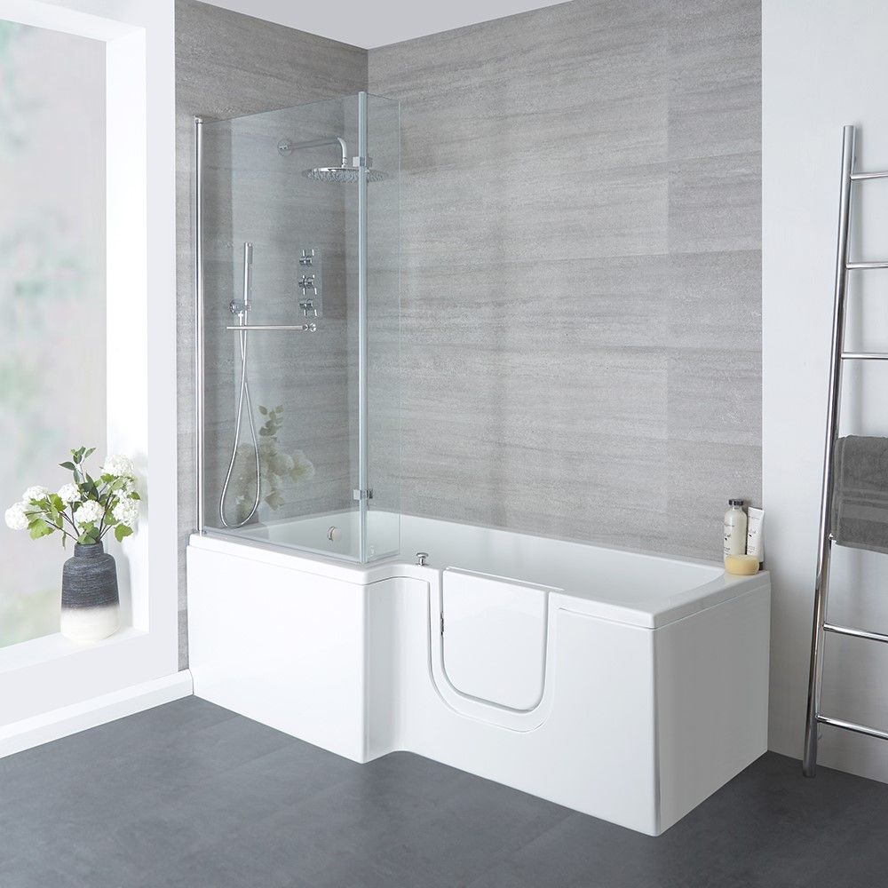 Begehbare Badewanne mit Duschzone, eckig, 1700mm x 850mm – inkl. Badewannenaufsatz, Seiten- & Endverkleidung – links- oder rechtsbündig – Merso