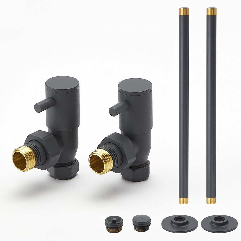 Modernes Heizkörper-Winkelventilset & Rohrstücke für 15mm Kupferrohre – Anthrazit