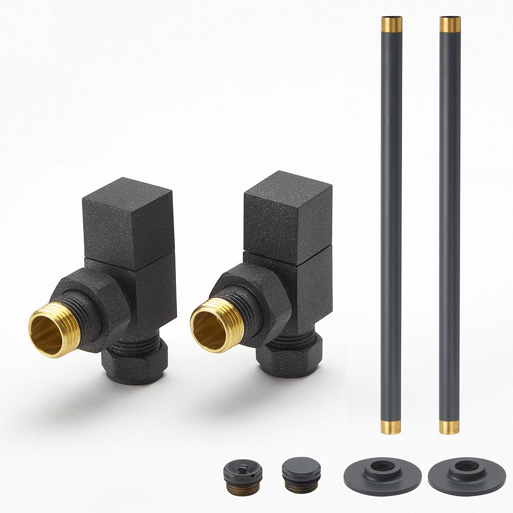 Eckiges Heizkörper-Winkelventilset & Rohrstücke für 15mm Kupferrohre – Anthrazit