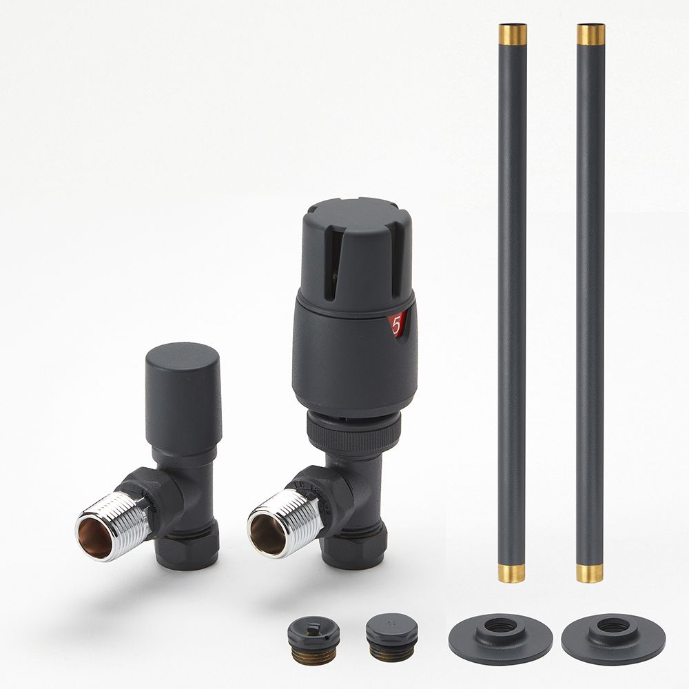 Thermostatisches Heizkörper-Winkelventilset & Rohrstücke für 15mm Kupferrohre – Anthrazit