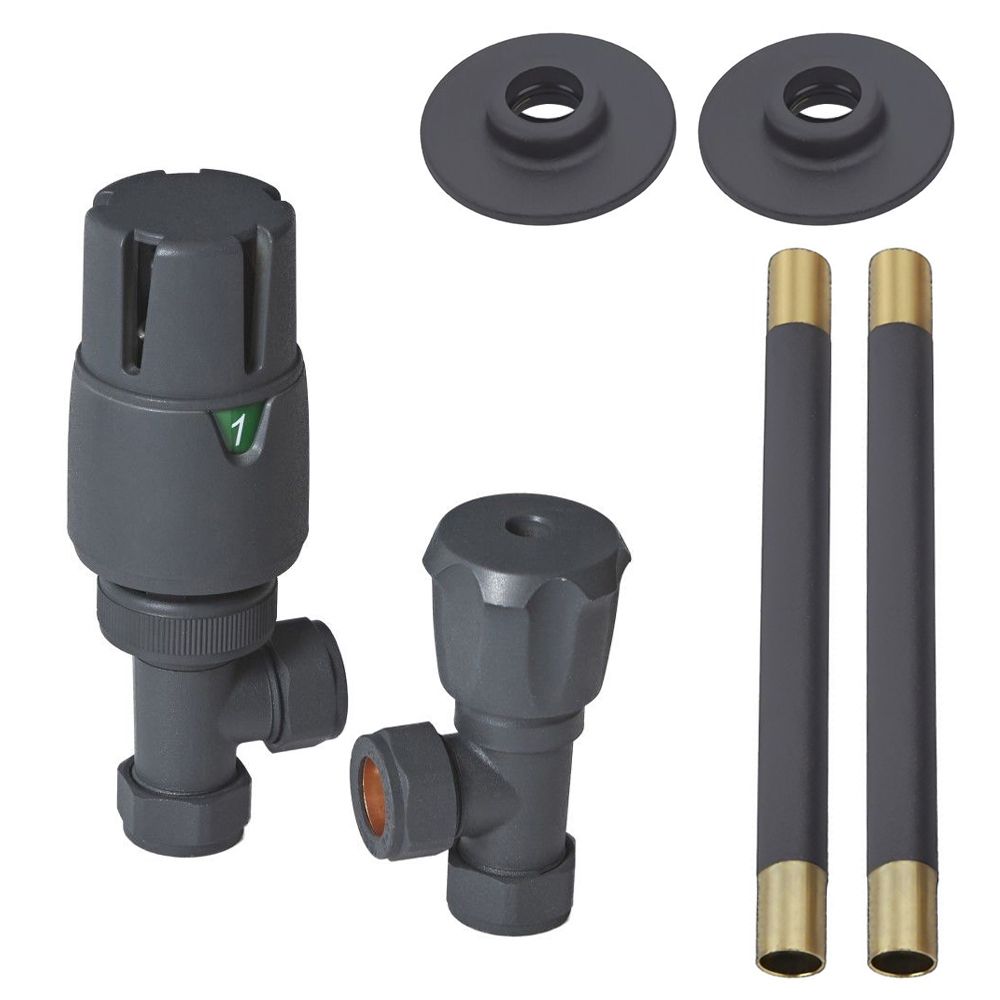 Heizkörper-Winkelventilset mit Thermostat und Rohrverbindung, 15mm - Anthrazit