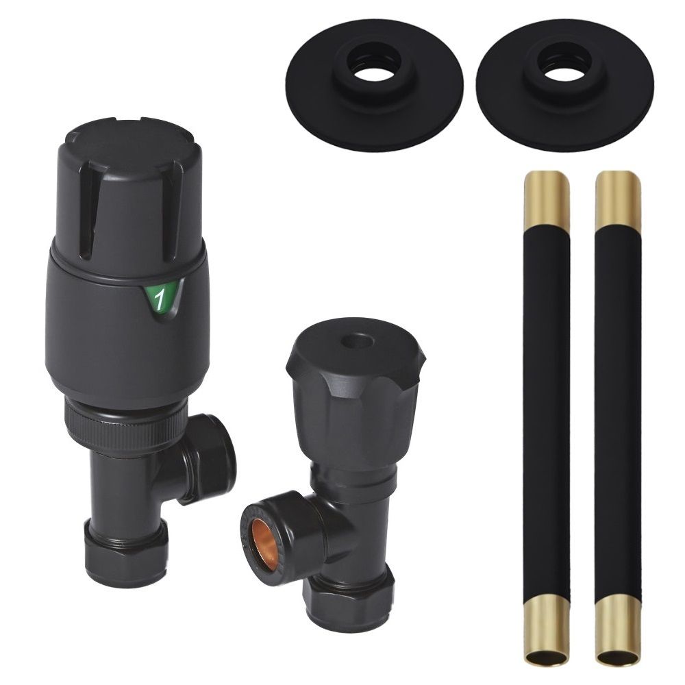 Heizkörper-Winkelventilset mit Thermostat und Rohrverbindung, 15mm - Schwarz