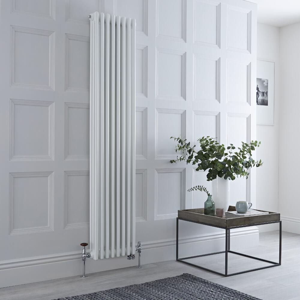 Gliederheizkörper Mischbetrieb (3-säulig) vertikal 1800mm x 380mm inkl. 1500W Heizelement, WLAN-Thermostat und Ventil wählbar - Weiß – Regent