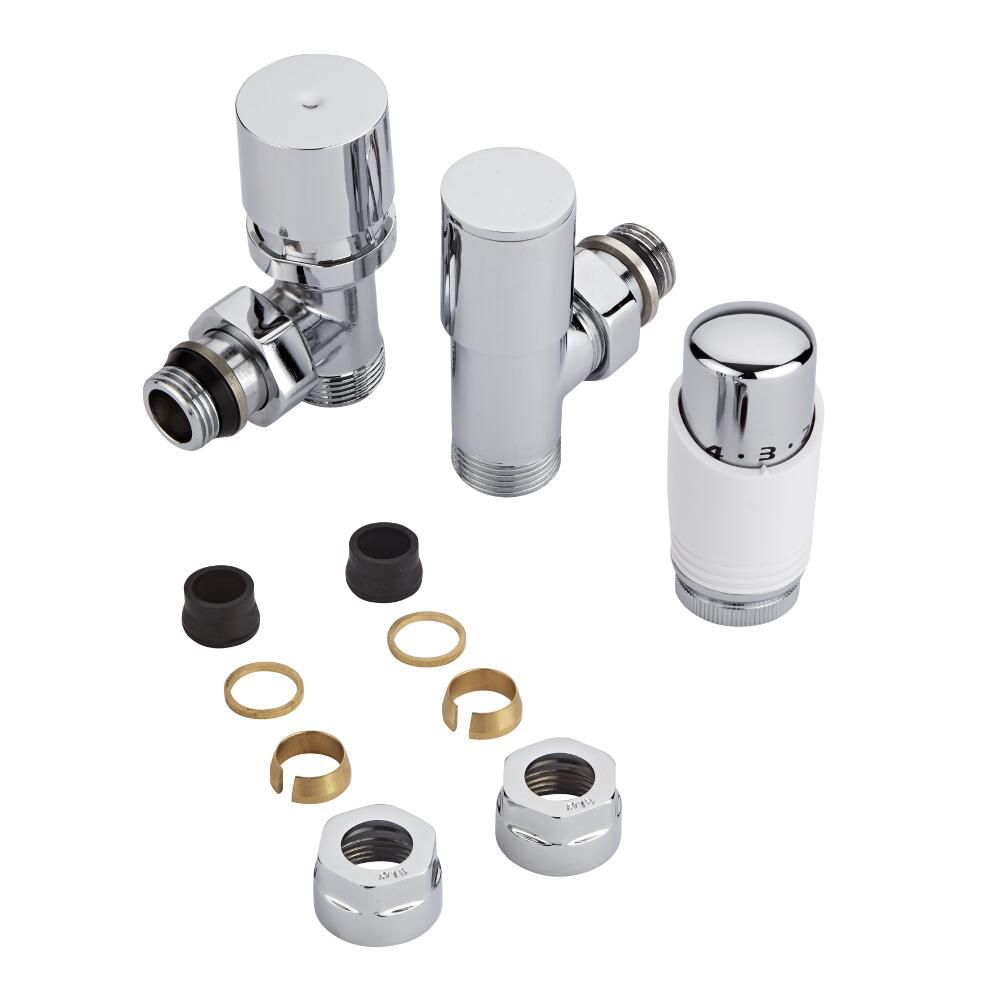 Heizkörperwinkelventil-Set Thermostatisch Weiß inkl. Multiadapter für 16mm Kupferrohre im Set