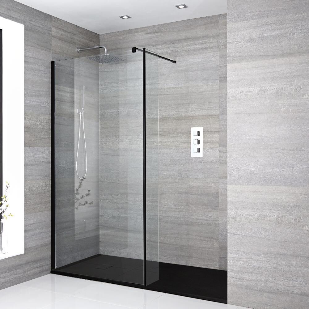 Walk-In Dusche, Schwarz, für Nische – inkl. Duschwanne mit Schiefer-Effekt (Finish wählbar) – Größe und Seitenpaneel wählbar – Nox