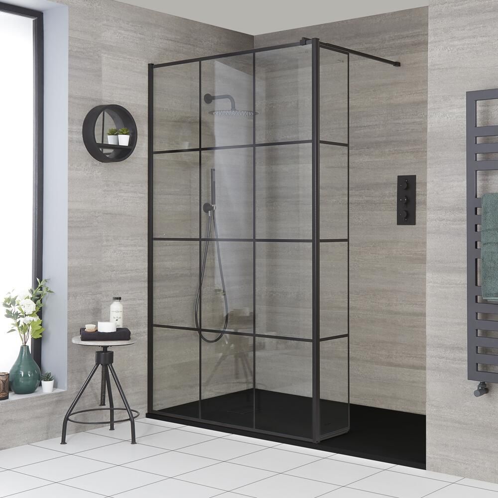 Walk-In Dusche mit Gittermuster, für Nische – inkl. Duschwanne mit Schiefer-Effekt (Finish wählbar) – Größe und Seitenpaneel wählbar – Barq