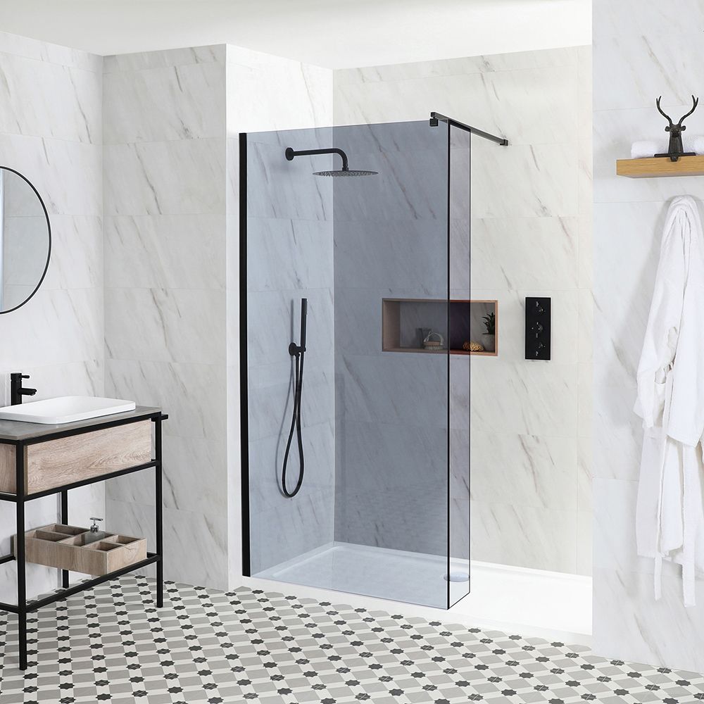 Getönte Walk-In Dusche, Schwarz, für Nische - inkl. weißer Duschwanne – Größe und Seitenpaneel wählbar – Nox-Luna