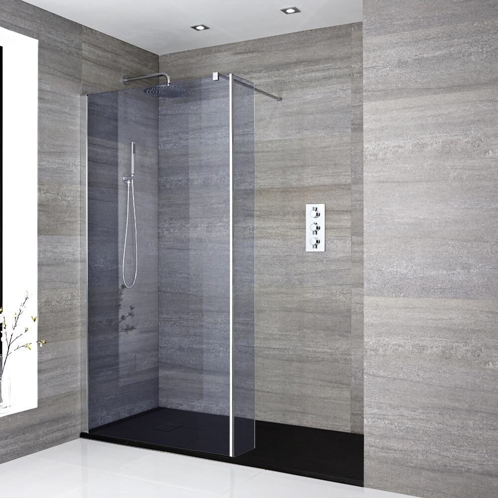 Getönte Walk-In Dusche, Chrom, für Nische - inkl. Duschwanne mit Schiefer-Effekt (Finish wählbar) – Größe und Seitenpaneel wählbar – Portland-Luna