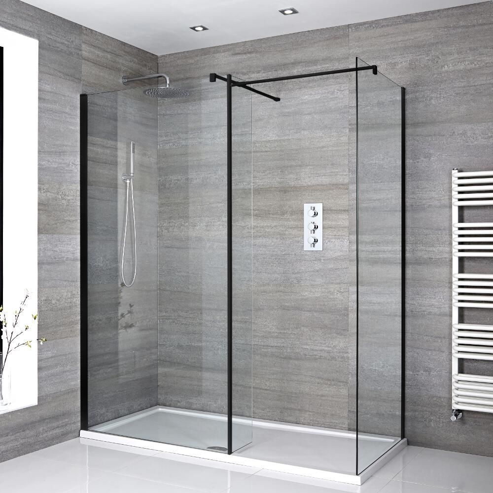 Walk-In Dusche, Schwarz, für Eckeinbau – inkl. weißer Duschwanne – Größe und Seitenpaneel wählbar – Nox