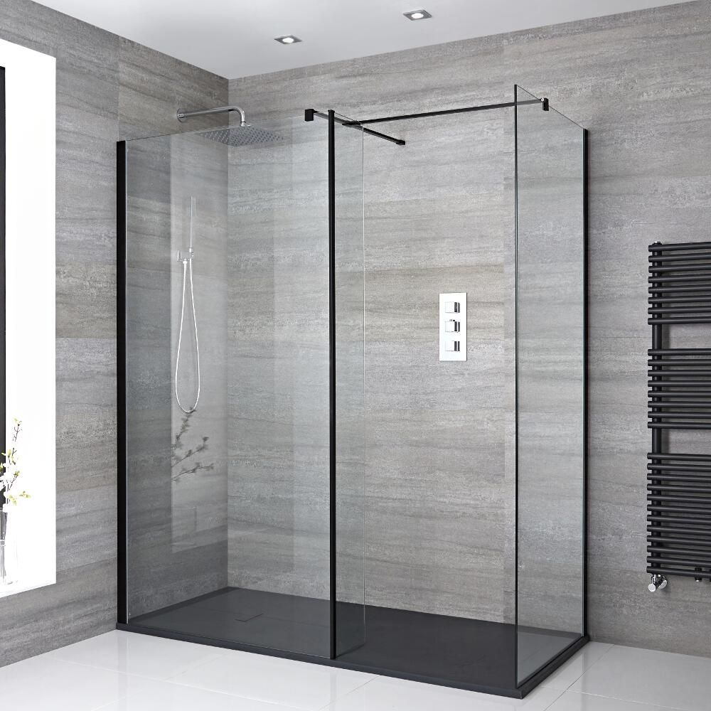 Walk-In Dusche, Schwarz, für Eckeinbau – inkl. Duschwanne mit Schiefer-Effekt (Finish wählbar) – Größe und Seitenpaneel wählbar – Nox